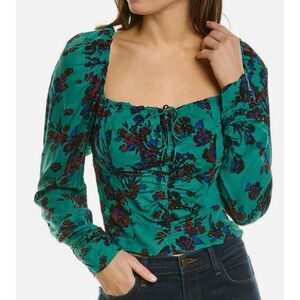 BNWT Free People Hilary Printed Longsleeve Keyhole Tie Back Top Green Floral S